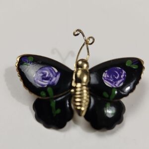Vintage Hand-Painted Enamel Butterfly Brooch Purple Roses